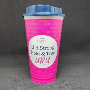 Thirty One Gives Reusable Travel Mug Cup "U R Strong Bold & True URU" Pink Navy